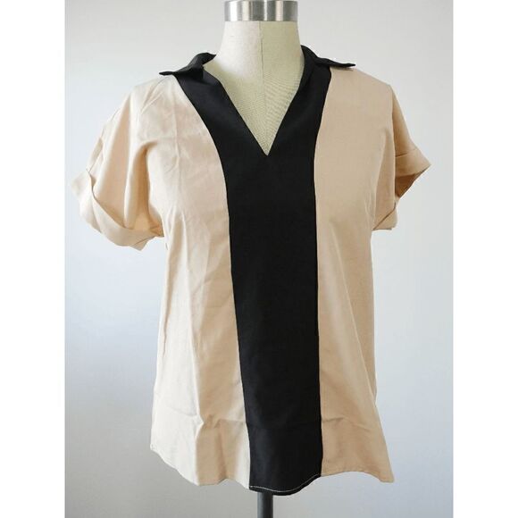 Apricot & Black Women's Color Block Bal Collar V-Neck Short Sleeve Blouse M #184 - Picture 2 of 6
